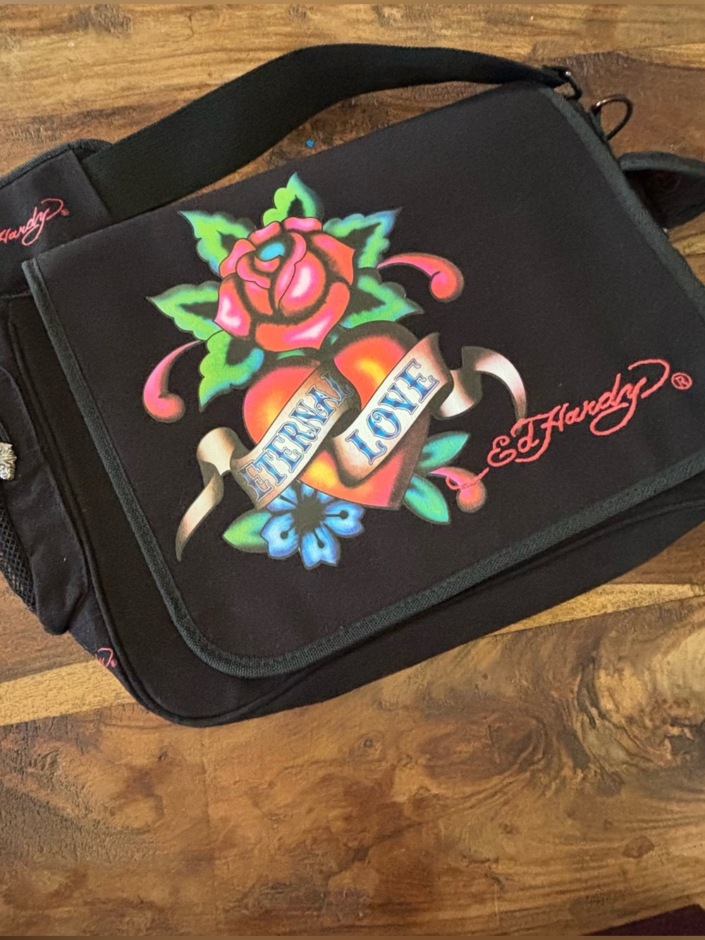 Ed Hardy Black Messenger Bag with Colorful Tattoo Heart and Rose Graphic